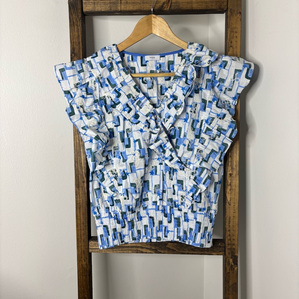 VOY Blue and White Geometric Blouse S